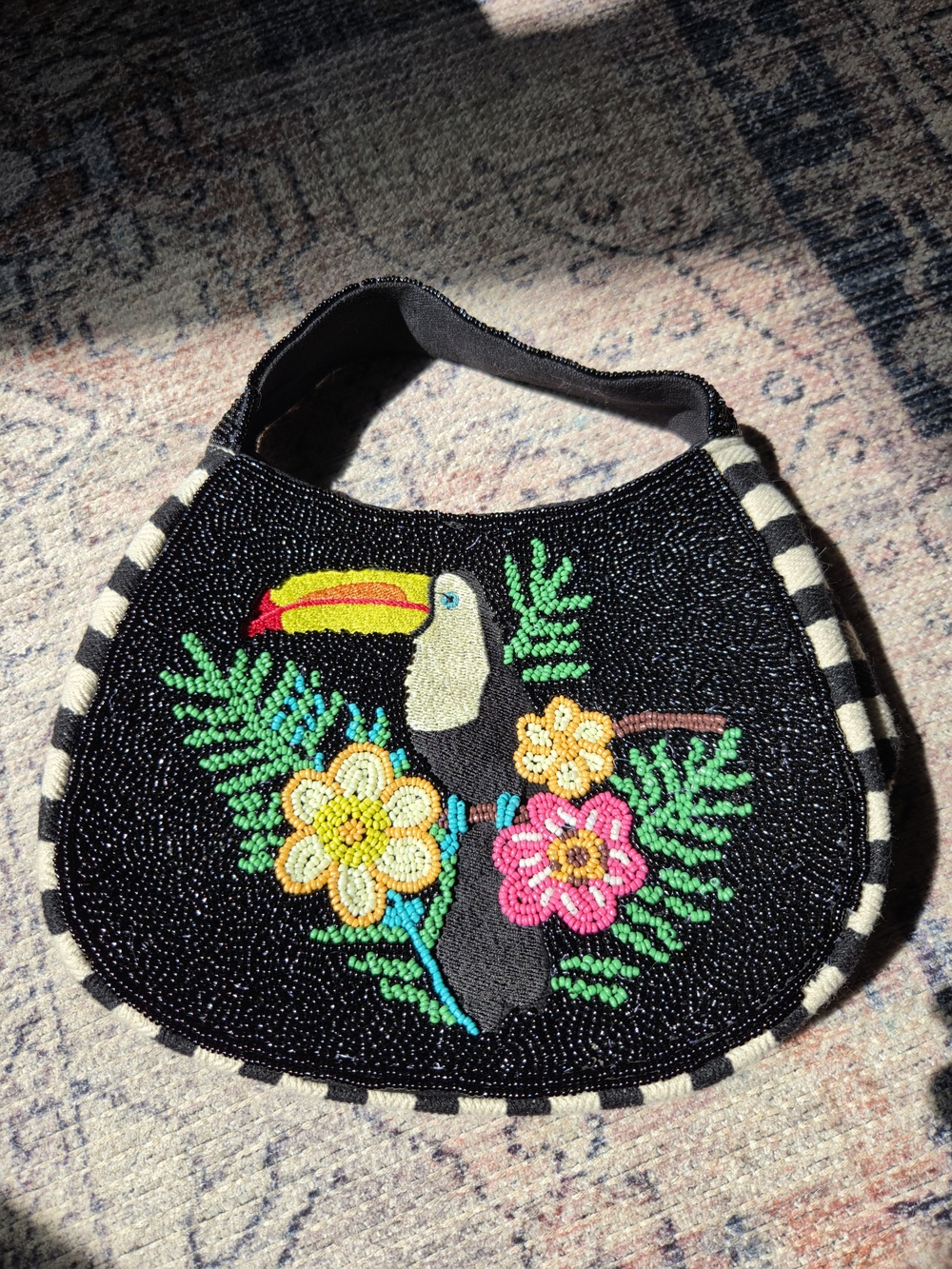 Lulu's Black Beaded Toucan Shoulder Bag with Bright Floral Accents